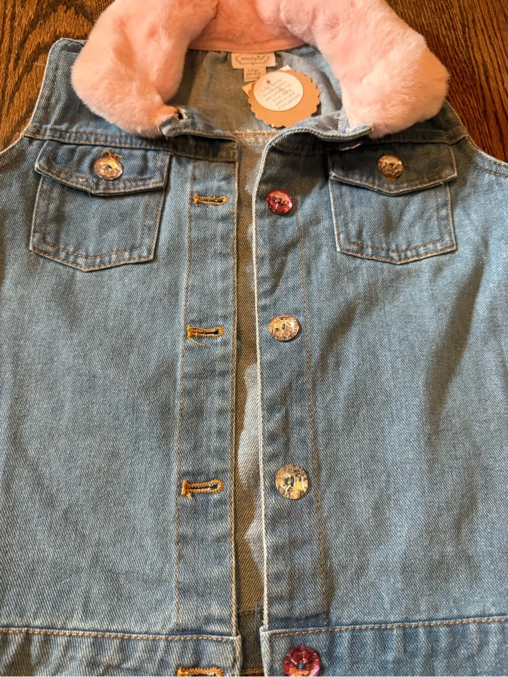 Mud Pie Blue Denim Vest with Pink Faux Fur Collar